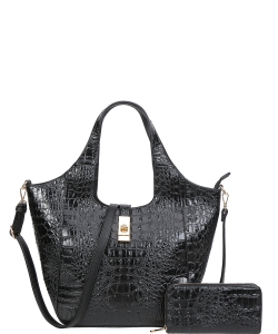 2-IN-1 Alligator Crocodile Satchel Shoulder Bag Set With Wallet CY-8922W BLACK